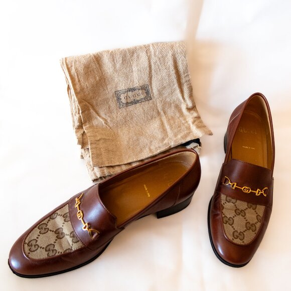 Gucci Leather & GG Logo Canvas Heeled 100 Loafers (IT/EU 38, US 7.5 - 8) - Picture 14 of 16